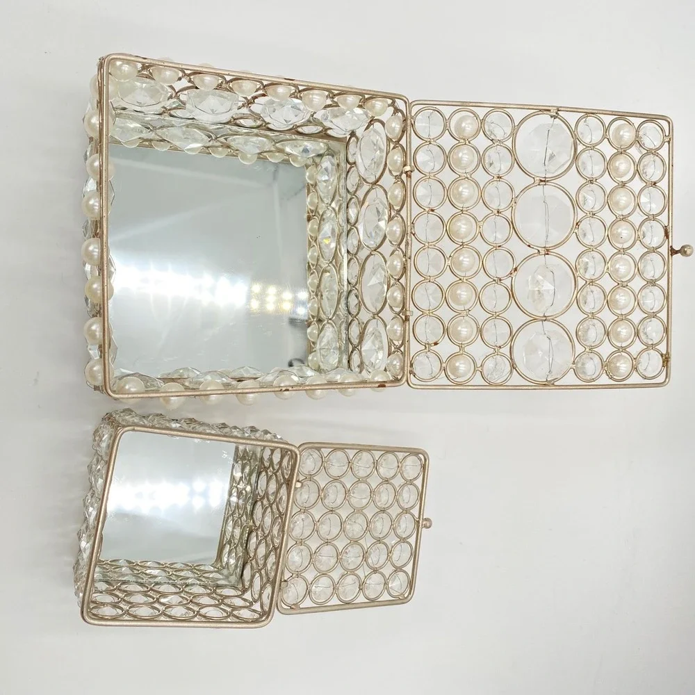 Set of 2 Crystal Rhinestone Beaded Jewelry Mirror Boxes‎ Silver Tone Hinged